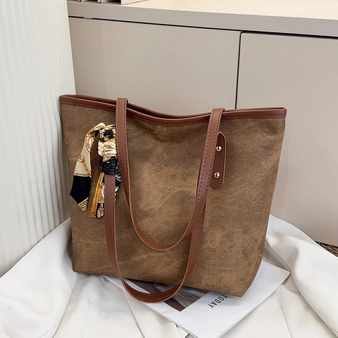 Women Vintage PU Leather Large Capacity Tote Bag With Silk Scarf Decor Retro Underarm Shoulder Bag For Casual Commuting