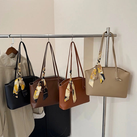 Large Capacity PU Leather Tote Bag For Women With Decorative Satin Scarf Contrast Stitching Minimalist Shoulder Handbag
