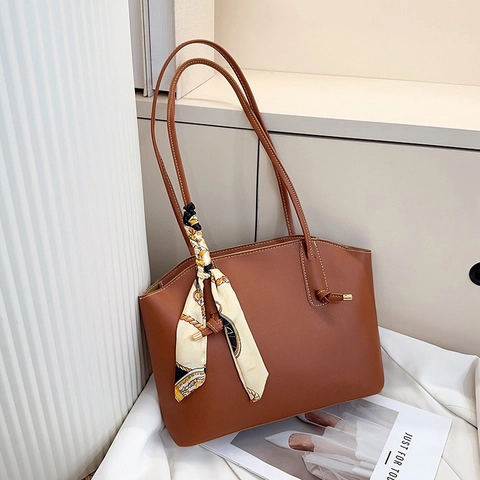 Large Capacity PU Leather Tote Bag For Women With Decorative Satin Scarf Contrast Stitching Minimalist Shoulder Handbag