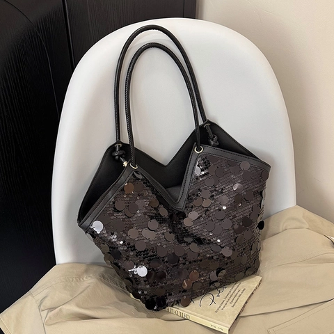 Pailletten Tote Bag Große Kapazität Schimmernde PU Leder Umhängetasche V Öffnung Party Abend Casual Schicke Handtasche