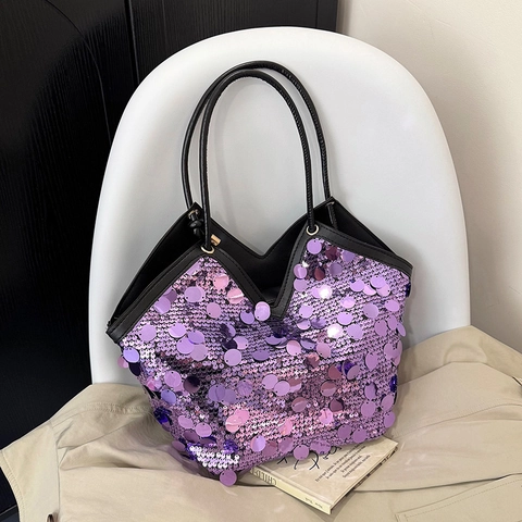 Sac Cabas À Paillettes Pour Femmes Brillant Ouverture En V Grande Capacité Sac À Main Bandoulière Style Décontracté