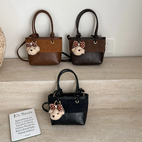 Vintage Dames Contrast Splicing Emmer Tas Met Pluche Beer Hanger Klein Retro PU Leer Schouder Crossbody Handtas Top Handvat