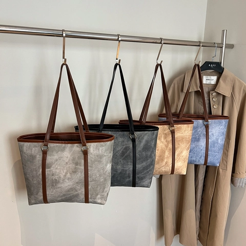 Borsa Tote Grande Capacità Retrò Per Donna Borsa A Spalla In Pelle PU Vintage Borsa A Mano Casual Alla Moda Con Tracolla A Contrasto