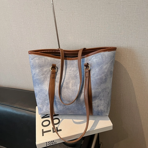 Borsa Tote In Tela Lavata E Pelle PU Grande Capacità Borsa A Tracolla Casual Pendolare Versatile Estetica Per Donne