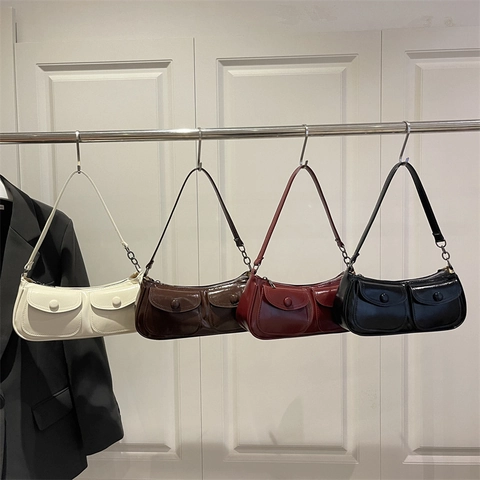 Borsa Baguette Pelle PU Lucida Retrò Borsa A Spalla Sottobraccio Con Doppie Tasche Anteriori Moda Vintage Per Donna Quotidiana