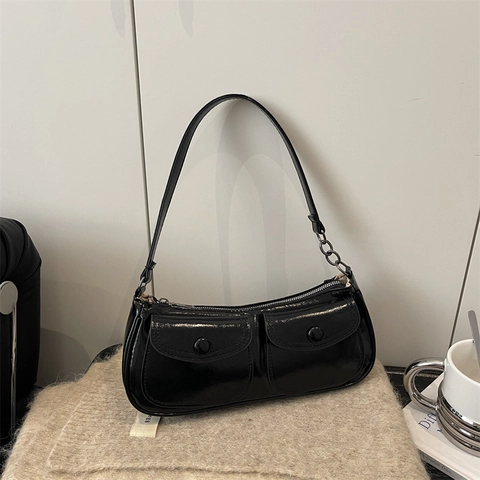 Borsa Baguette Pelle PU Lucida Retrò Borsa A Spalla Sottobraccio Con Doppie Tasche Anteriori Moda Vintage Per Donna Quotidiana