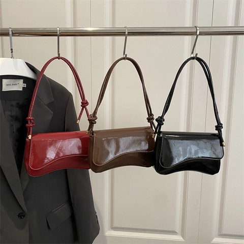 Minimalist Lacquer Surface Patent Leather Shoulder Bag For Women Korean Style Knot Strap Small Square Underarm Crossbody Bag