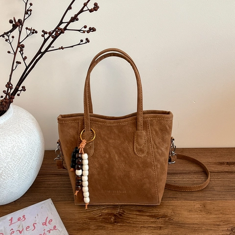 Vintage Eimer Tasche Aus Mattiertem PU Leder Für Damen Retro Tote Mit Holzperlen Anhänger Minimalistische Schulter Umhängetasche