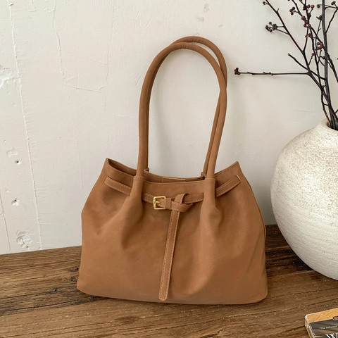 Klassische Minimalistische PU Tote Bag Mit Wildlederoptik Für Damen Retro Schultertasche Perlenanhänger Büro Handtasche
