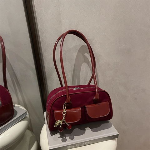 Borsa A Spalla Vintage Da Donna Contrasto Camoscio Pelle PU Lucida Doppie Tasche Frontali Retro Y2K Borsa Baguette