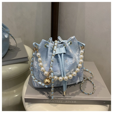Bolso Cubo De Encaje Con Asa De Perlas Artificiales Y Decoración Mariposa 3D Estilo Hada Elegante Bolso Bandolera Con Cordón Mujeres