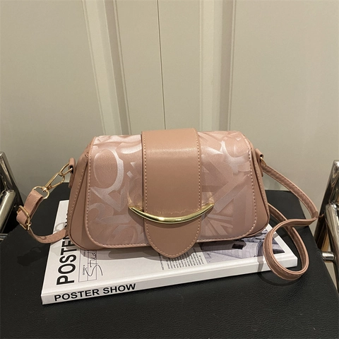 Women Shoulder Bag PU Leather Fabric Patchwork Golden Crescent Buckle Letter Print Crossbody Handbag Vintage Minimalist