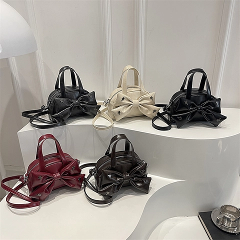 Fashion Women PU Leather Bowknot Small Square Bag With Star Rivets Shoulder Crossbody Handbag Casual Niche Design Bag