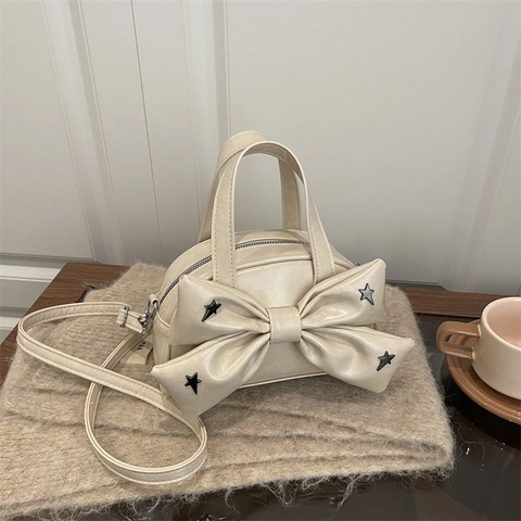 Women PU Leather Bow Tie Shoulder Bag With Star Rivets Top Handle Crossbody Handbag Fashion Trendy