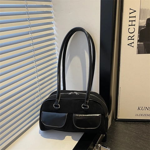 Damen Retro PU Leder Schultertasche Große Kapazität Achseltasche Wildleder Gesteppt Urban Minimalistisch Bowling Handtasche Mit Kirsch-Anhänger