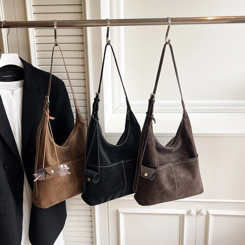 Vintage Women PU Leather Shoulder Bag Large Capacity Tote Hobo Bag Contrast Stitching Minimalist Casual Daily Handbag