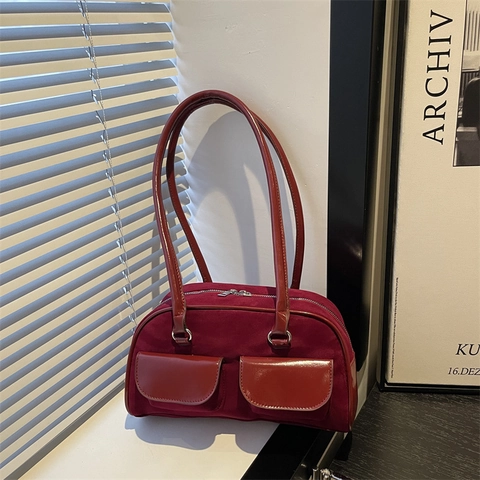 Damen Retro PU Leder Schultertasche Große Kapazität Achseltasche Wildleder Gesteppt Urban Minimalistisch Bowling Handtasche Mit Kirsch-Anhänger