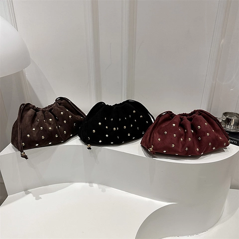 Dames Handtas Met Trekkoord Klinknagel Decor Suede Mat Emmer Tas Retro Casual Eenvoudig Veelzijdig