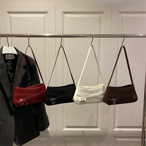 Borsa Sottobraccio da Donna in Pelle PU alla Moda Design Vintage con Cinghie Incrociate e Fibbia a Fiocco Piccola Borsa a Spalla Tinta Unita