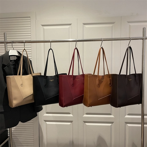 Trendy Large Capacity PU Leather Tote Bag For Women Vintage Geometric Patchwork Single Shoulder Bag Commuting Casual Top Handle Handbag