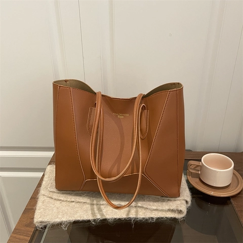 Women PU Leather Tote Bag Large Capacity Geometric Stitching Minimalist Commute Underarm Shoulder Bag