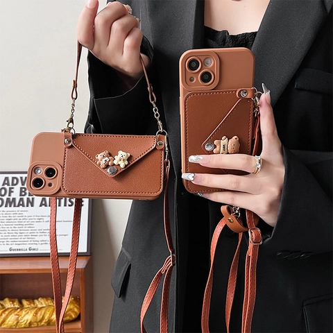 Crossbody Telefoonhoesje Voor Smartphone Bruin PU Leer Enveloppe Portemonnee Kaarthouder 3D Beer Decor Met Lange Riem