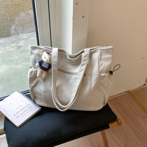 Borsa Tote In Velluto A Coste Di Grande Capacità Per Donna Borsa A Tracolla Casual Retrò Con Tasche Laterali Coulisse