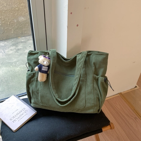 Dames Corduroy Tote Bag Grote Capaciteit Rits Schoudertas Met Trekkoord En Beer Pluche Hanger Retro Woon-Werkverkeer