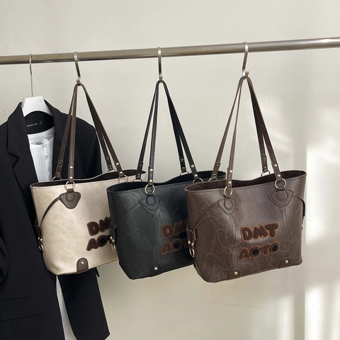 Large Capacity Women Tote Bag PU Leather Letter Embroidery Chenille Patch Casual Vintage Shoulder Handbag