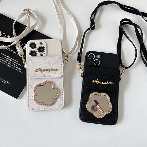 Quilted PU Leather Crossbody Phone Case With Card Holder Flower Mirror Adjustable Strap Luxury Style For Women