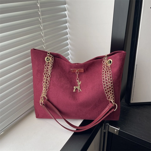 Large Capacity Women Tote Bag Suede PU Leather Chain Strap Deer Charm Vintage Commuter Elegant Handbag Shoulder Bag