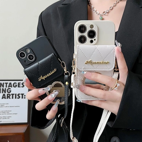 Quilted PU Leather Crossbody Phone Case With Card Holder Flower Mirror Adjustable Strap Luxury Style For Women