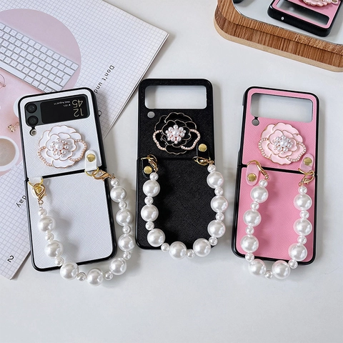 Luxury Foldable Mobile Phone Case With Camellia Flower Artificial Pearl Handle Chain And Rhinestone Elegant Style For Women