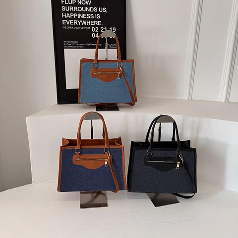 Borsa Tote Retro In Denim E Pelle PU Patchwork Grande Capacità Chiusura A Cerniera Borsa A Mano Casual Per Donna
