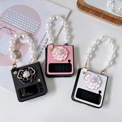 Luxury Foldable Mobile Phone Case With Camellia Flower Artificial Pearl Handle Chain And Rhinestone Elegant Style For Women