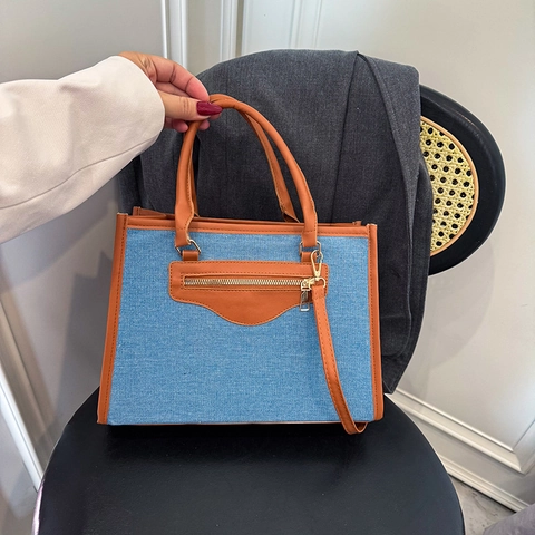 Retro Denim PU Leder Stitching Tote Bag Für Frauen Große Kapazität Schulter Crossbody Handtasche Mit Reißverschluss Vorne
