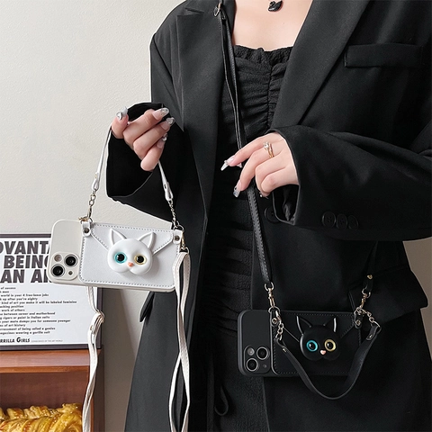 Funda De Teléfono Bandolera Cartera Con Cabeza De Gato 3D Cuero PU Ranura Para Tarjetas Correa Ajustable Funcional Elegante