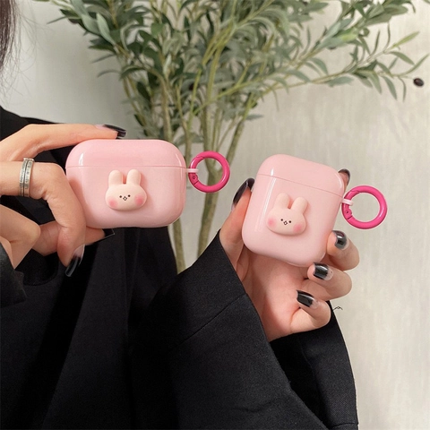 Cute Bunny Shape Earphone Case For Wireless Headphones Pink Soft Silicone Protective Cover With Carabiner Keychain