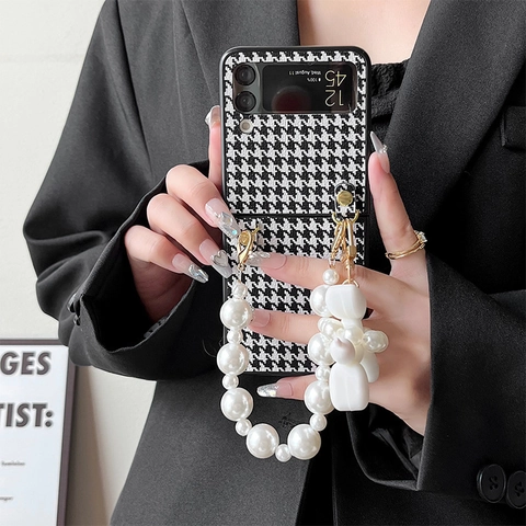 Funda Para Teléfono Plegable Con Estampado De Pata De Gallo Cadena De Perlas Artificiales Y Colgante De Perro Globo Lujo