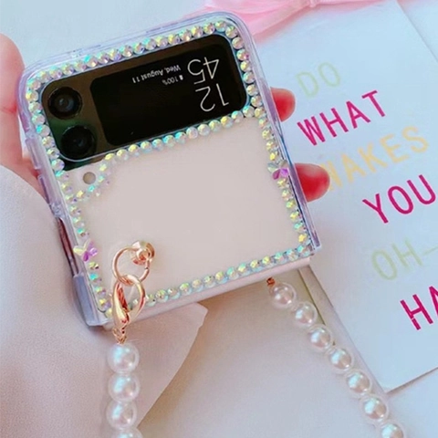 Sparkly Rhinestone Transparent Foldable Phone Case With Faux Artificial Pearl Handheld Chain Butterfly Ornament Luxury Fashion