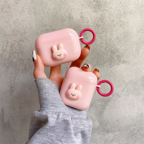 Cute Bunny Shape Earphone Case For Wireless Headphones Pink Soft Silicone Protective Cover With Carabiner Keychain