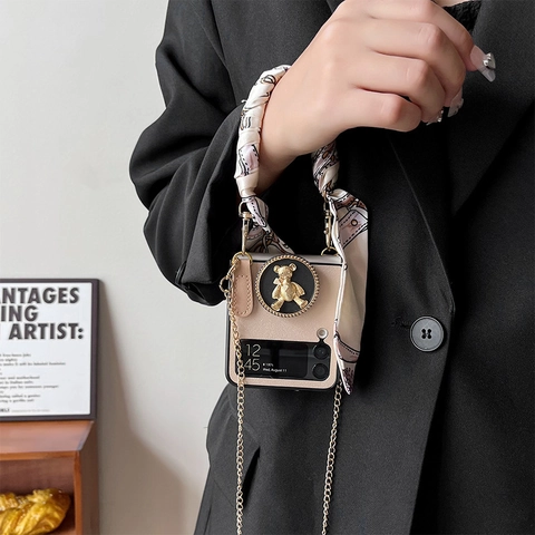 Folding Phone Case For Z Flip With Metal Crossbody Chain Satin Scarf Handle Bear Stand Litchi Leather Style