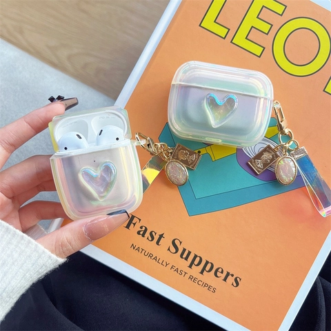 Laser Transparente TPU Kopfhörer Hülle Dimensionales Herz Dekor Schlüsselanhänger Airpods Schutzhülle Ins Stil