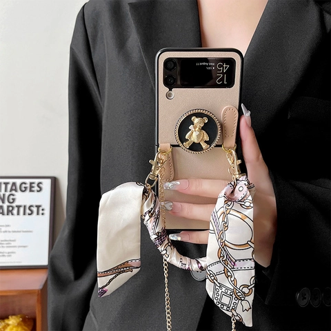 Folding Phone Case For Z Flip With Metal Crossbody Chain Satin Scarf Handle Bear Stand Litchi Leather Style