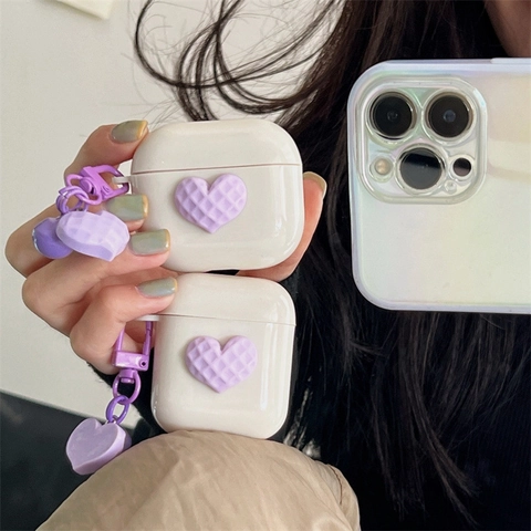 Wireless Earphone Case TPU Protective Cover Purple Waffle Heart Pattern With Pendant Bell For AirPods Pro Cute Ins Style