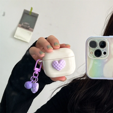 Wireless Earphone Case TPU Protective Cover Purple Waffle Heart Pattern With Pendant Bell For AirPods Pro Cute Ins Style