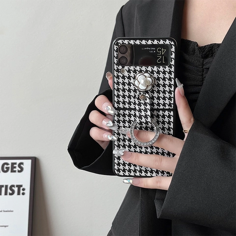 Houndstooth Fabric Folding Phone Case Camellia Flower Artificial Pearl Rhinestone Ring Holder Stand Luxury For Galaxy Z Flip