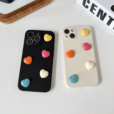 3D Colorful Heart Phone Case TPU Anti-drop Protective Soft Cover Ins Style Aesthetic For Women Girls