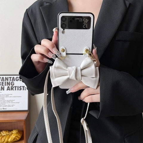 Crossbody Case For Z Flip Foldable Smartphone PU Leather TPU Shell Large Bow Decor With Long Adjustable Strap Luxury