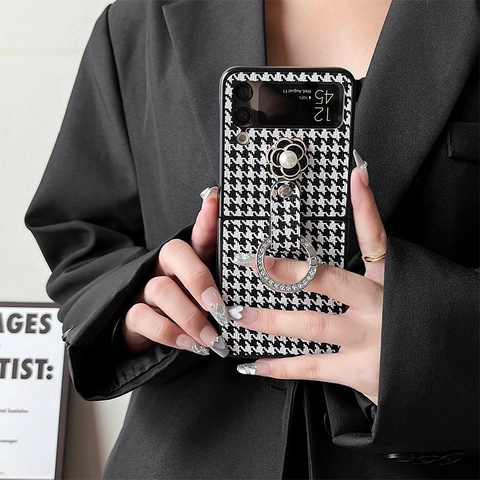 Houndstooth Fabric Folding Phone Case Camellia Flower Artificial Pearl Rhinestone Ring Holder Stand Luxury For Galaxy Z Flip